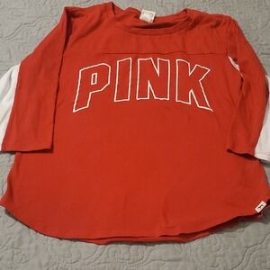 PINK Victoria's Secret Red Long Sleeve Baseball-Style Tee Size LARGE